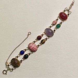 Vintage 2 Row Egyptian Revival 12k Gold Fill Scarab Bracelet B-H Co. Adjustable